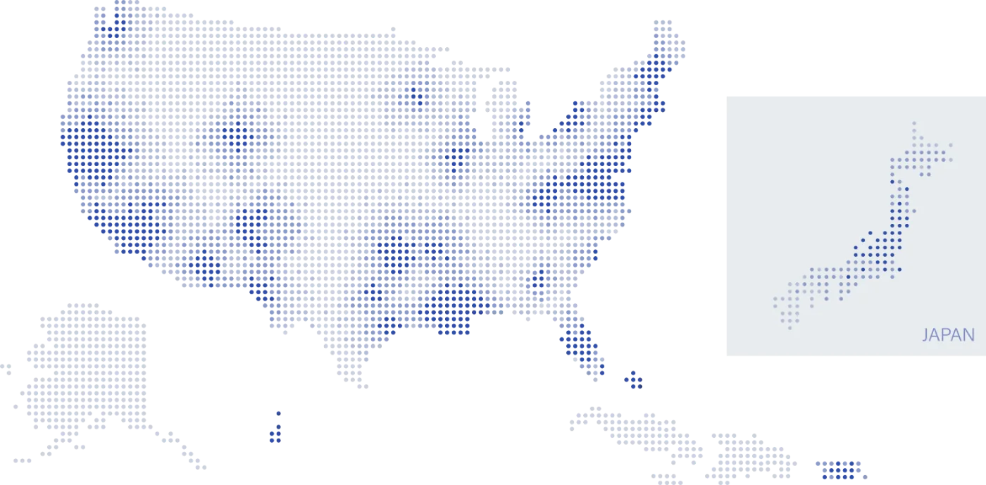 Decorative map of United States and Japan, showing VersaTech's service area